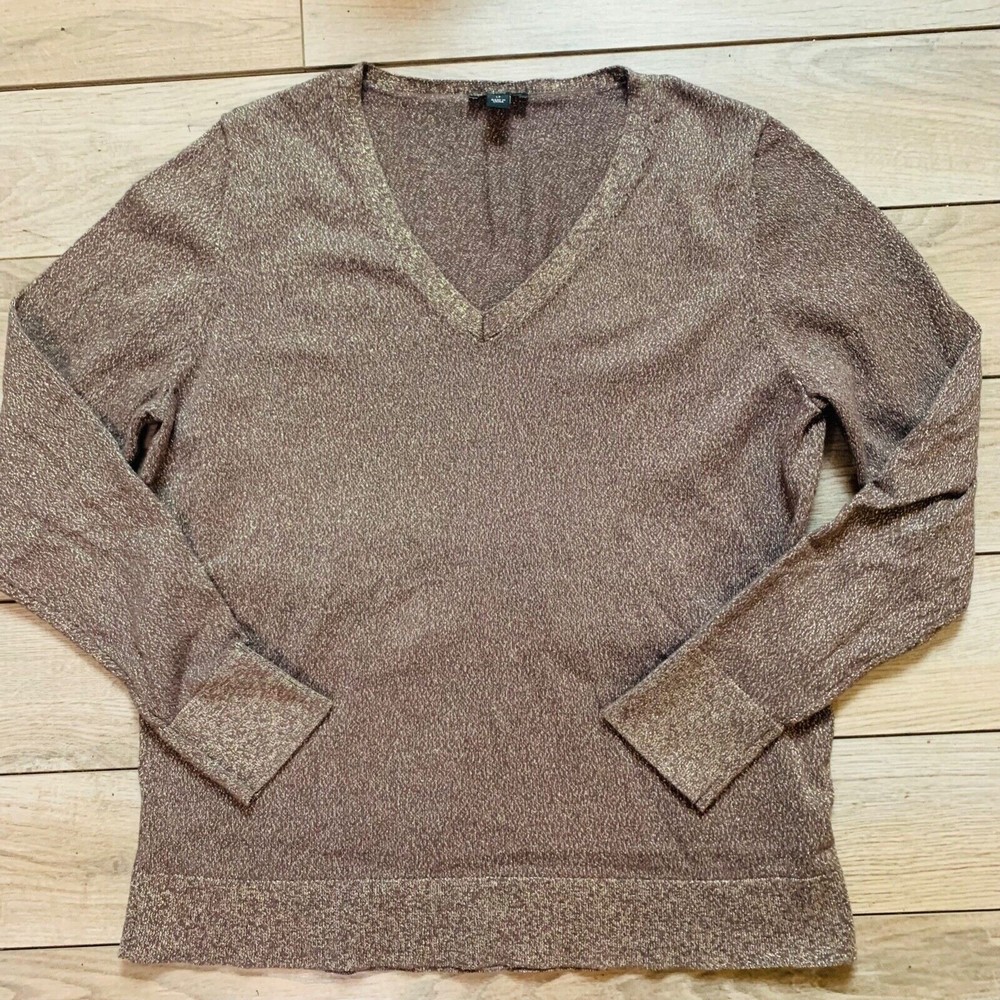 EUC~Ann Taylor Womens V Neck Brown Metallic Long Sleeve Knit Pullover Sweater~LP